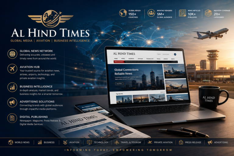 Al Hind Times global media network homepage with aviation, business and advertising services