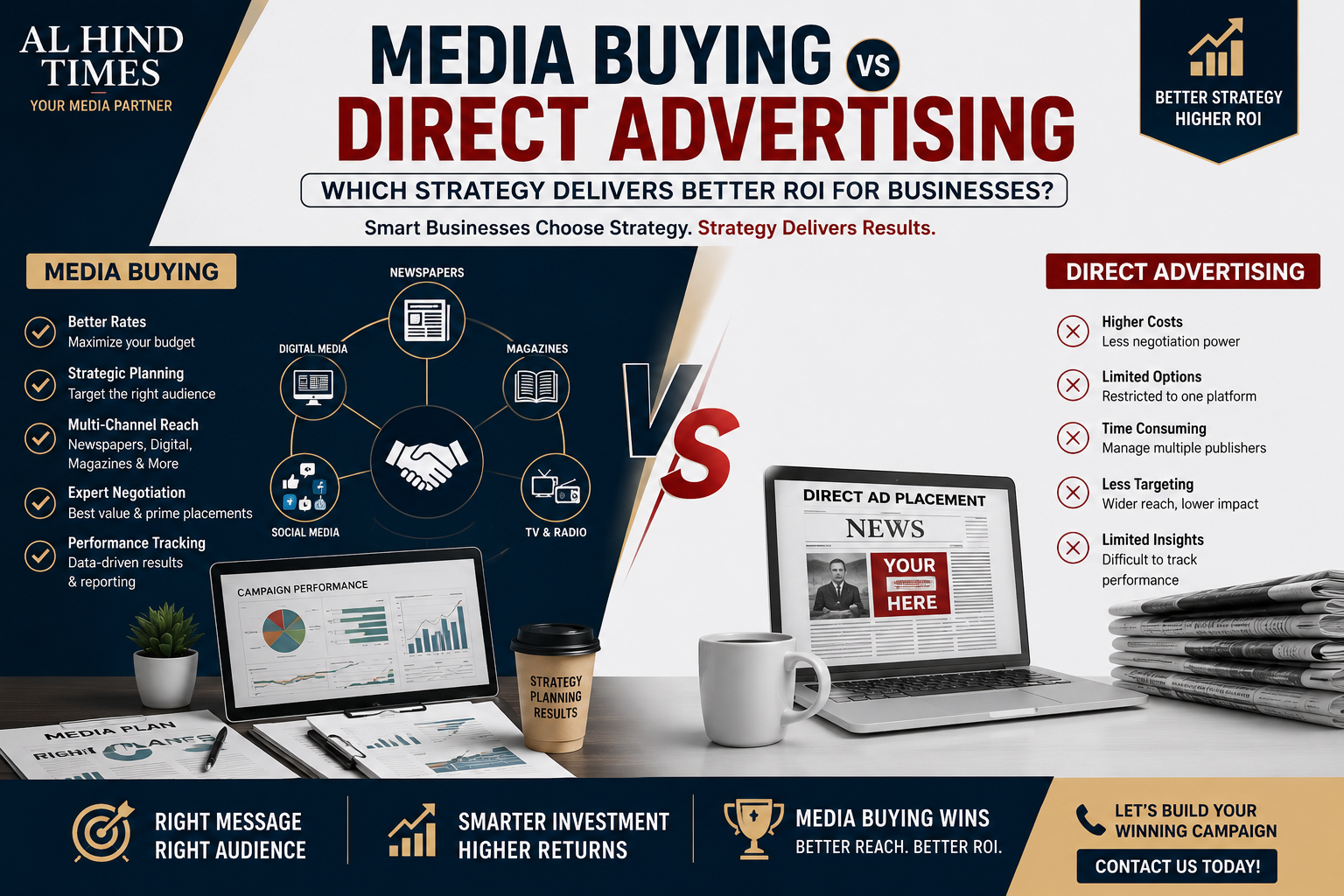 Professional media buying strategy with newspaper, digital and advertising campaign planning