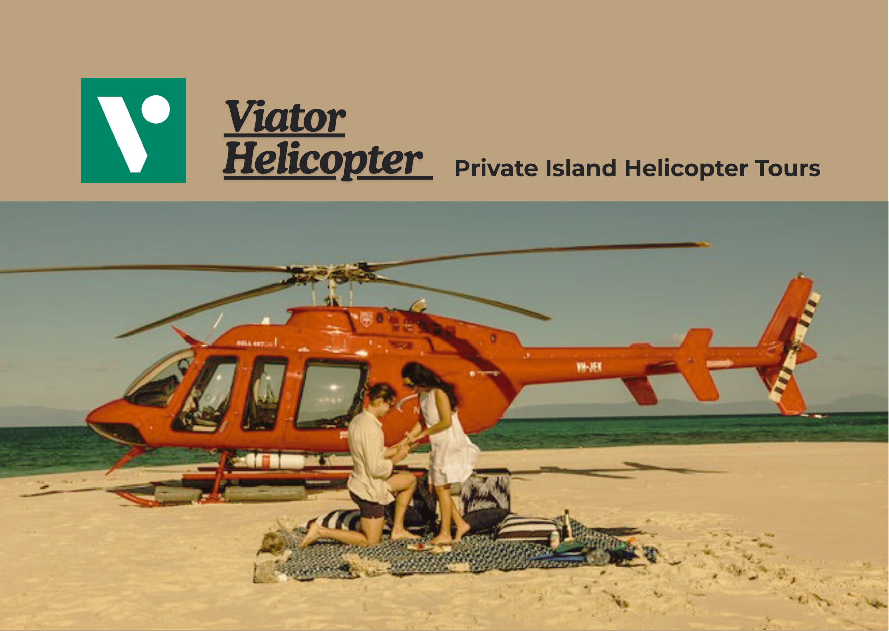 Luxury helicopter flying above a tropical private island with crystal clear ocean views