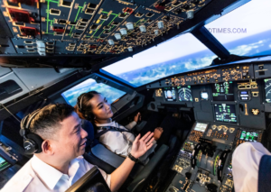 CAE Inc. advanced full flight simulator used for commercial airline pilot training and aviation simulation technology.