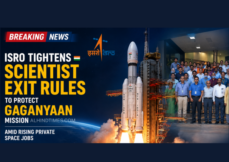 ISRO headquarters representing new retirement rules introduced after more than 100 scientists resigned during major space missions.