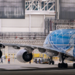 Aircraft engine monitored using AI predictive maintenance software and real-time performance analytics.