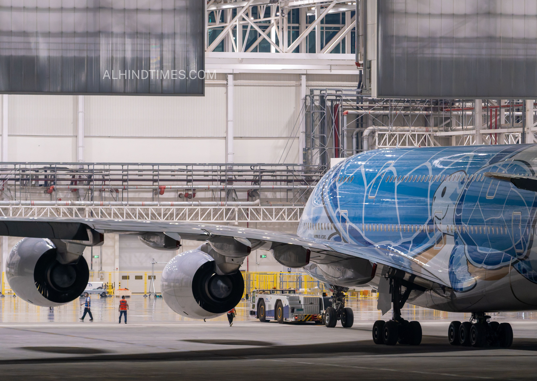 Aircraft engine monitored using AI predictive maintenance software and real-time performance analytics.