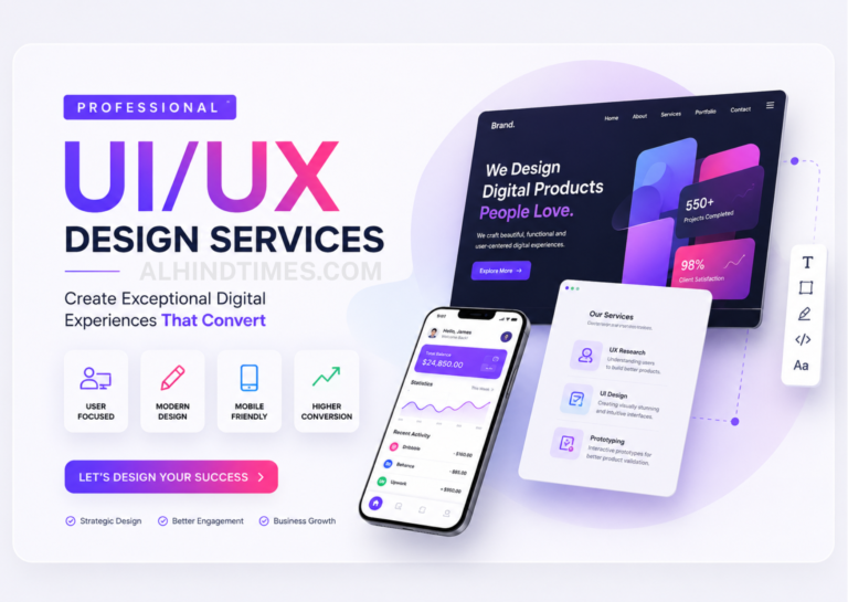 Professional UI and UX designer creating modern website and mobile app interfaces with responsive layouts and user-friendly navigation.