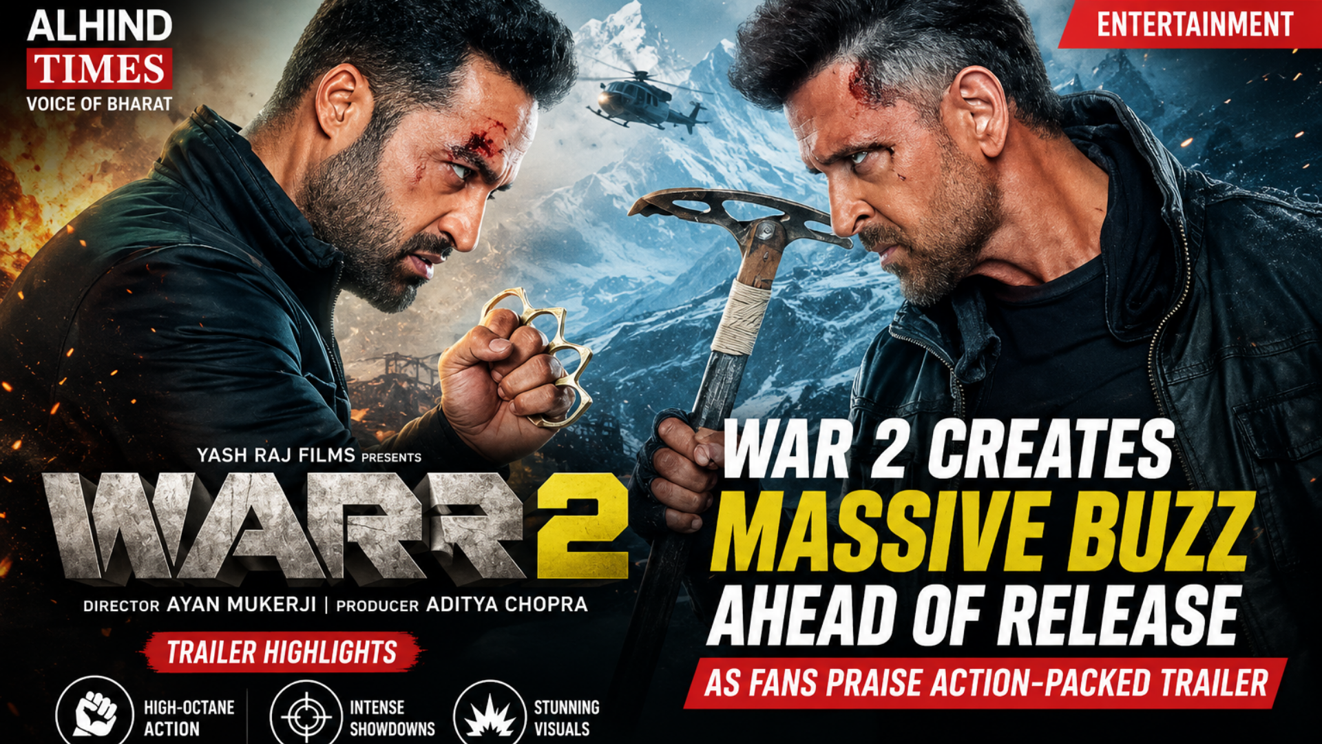 Promotional visual representing the buzz around the War 2 trailer and upcoming Bollywood action film.